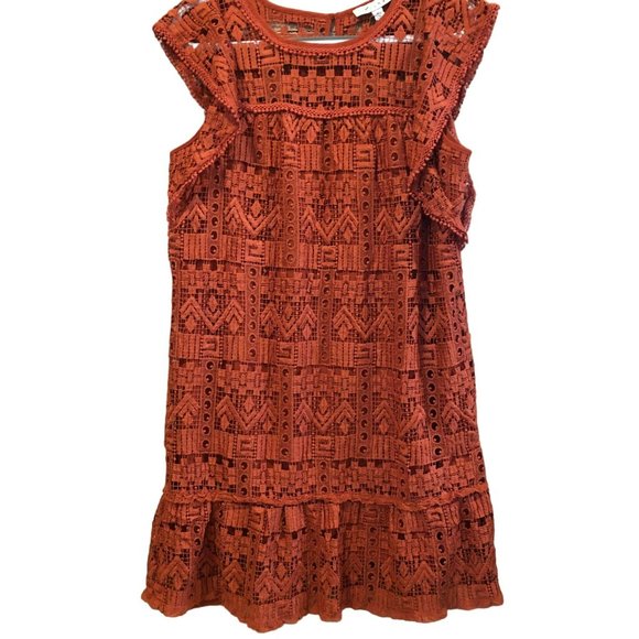 HICHE Crochet Cap Sleeve Midi Dress Sz M Rust Lined Boho - Picture 1 of 11